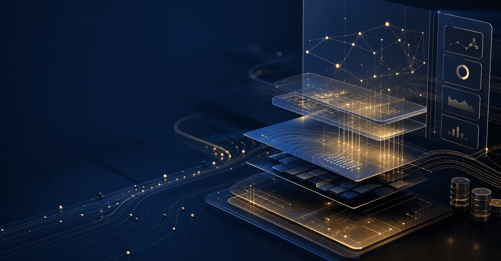 Premium abstract AI systems architecture in navy and gold